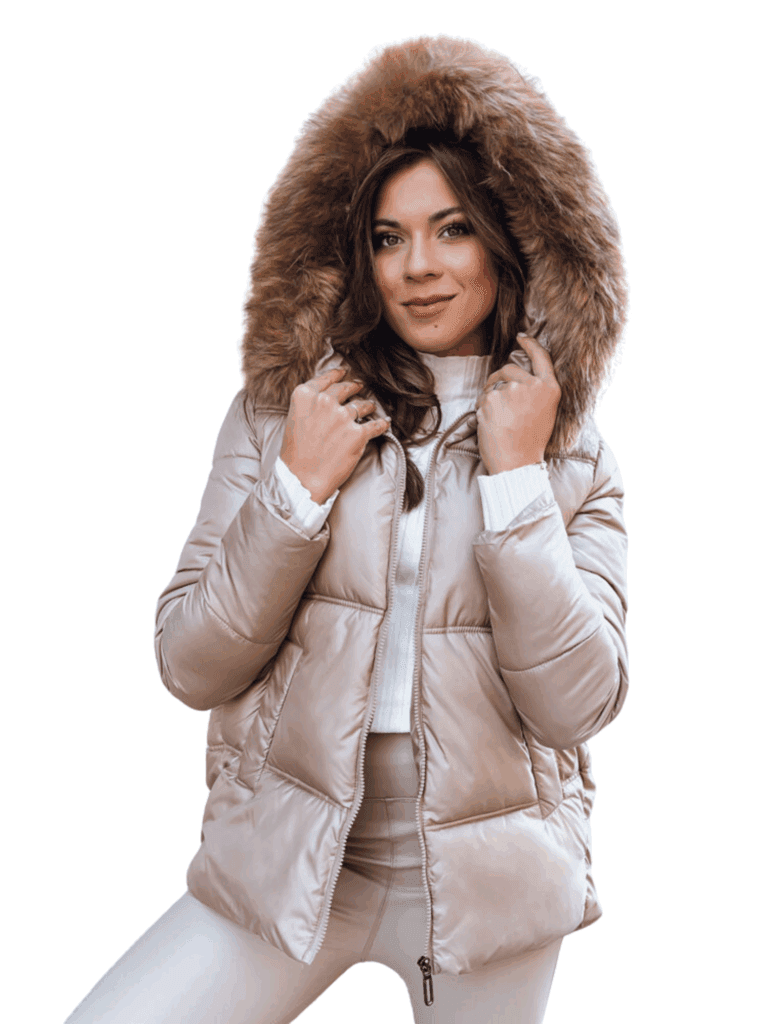 SPARKLE télikabát szőrmés kapucnival - Teveszín